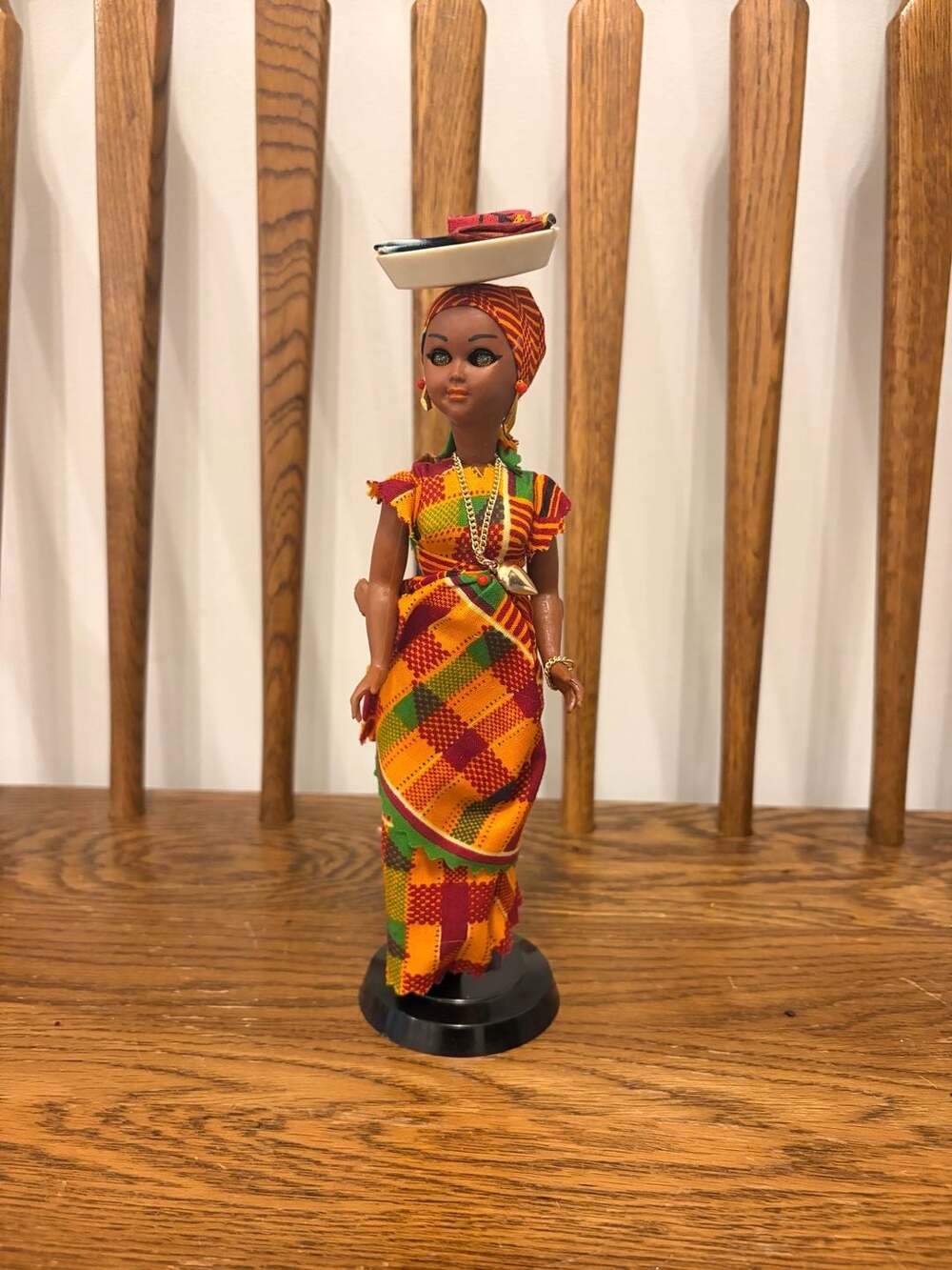 Vintage African Mother and Baby Collectible Doll with Kente Print Outfit